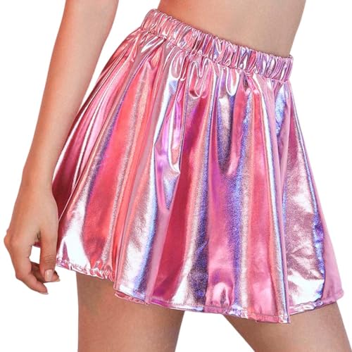 Flovel Damen Metallischer Faltenrock Stretch Skater Rocke Wetlook Rock Shiny Rave Party Festival Kostüm für Frauen und Mädchen (Rosa) von Flovel