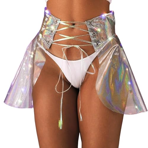 Flovel Damen Karneval LED Flared Faltenrock Aufleuchten Glänzend Sehen Sie durch Röcke Binden Hohe Taille Minirock Nachtclub Rave Party Glitter Rock für Frauen und Mädchen von Flovel