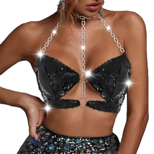 Flovel Damen Pailletten BH Top Glitzer Halfter Bikini Top Party Rave Oberteil Clubwear Feitival Kostüm von Flovel