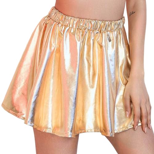 Flovel Damen Glänzender Metallischer Faltenrock Stretch Skater Rocke Wetlook Rock Shiny Rave Party Festival Kostüm für Frauen und Mädchen (Gold) von Flovel