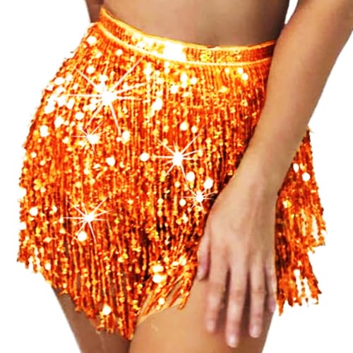 Flovel Glitzernder Paillettenrock Fransen Glitzerrock Bauchtanzkostüm Rave Rock für Damen Orange Farbe von Flovel