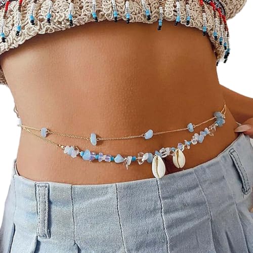 Flovel Geschichtete Taillenkette, Perlen, Bauchkette, Muschel-Körperkette, Kies, verstellbarer Sommer-Strand-Körperschmuck für Frauen und Mädchen von Flovel