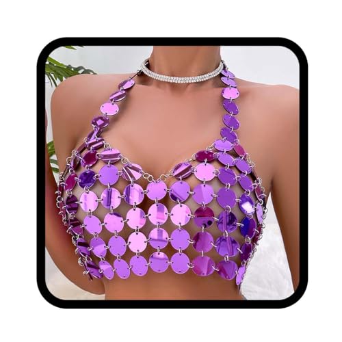 Flovel Pailletten Körperkette für Damen Lila Neckholder Bikini Kette Sexy Brustkette Glitzernde Rave Nachtclub Party Körperschmuck von Flovel