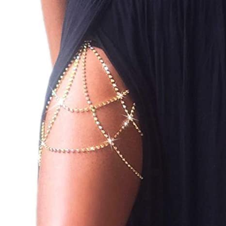 Flovel Glitzer Strass Beinkette Gold Layered Oberschenkelkette Kristall Körperkette Rave Schmuck für Frauen und Mädchen von Flovel