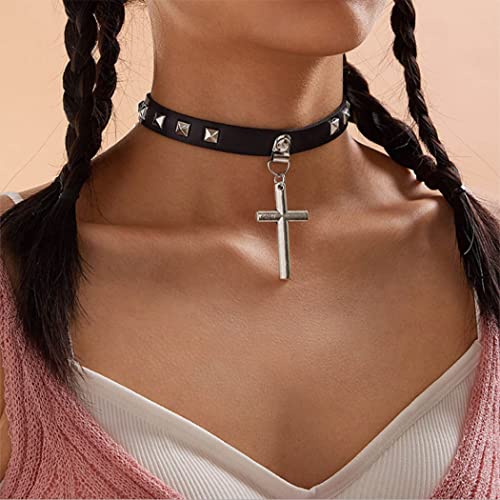 Flovel Gothic Leder Choker Halskette Punk Schwarz PU Leder Kreuz Halsband Harness Rivet Halloween Rave Party Schmuck für Frauen und Mädchen von Flovel