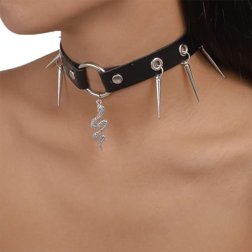 Flovel Gothic Leder Choker Halskette Punk Schwarz PU Leder Schlange Chokerkragen Geschirr Niet Anhänger Halloween Rave Party Schmuck für Frauen und Mädchen von Flovel