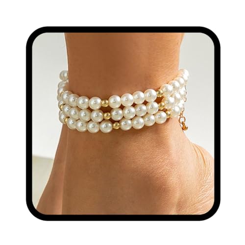 Flovel Perlen Fußkettchen Kette Goldfarbene Fußkettchen Elegante Sommer Strand Fußkette für Damen von Flovel