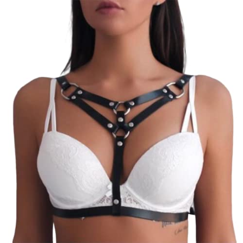 Flovel Punk Leder Körperkette schwarz geschichtete Taillenkette Bikini Brustketten Gothic Harness BH Körperkette Rave Nachtclub Körperkette für Frauen und Mädchen von Flovel