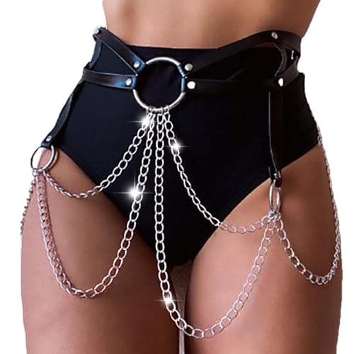 Flovel Punk Leder Körperketten Schwarz Geschichtete Taille Kette Rave Sexy Bauchkette Nachtclub Körperzubehör Schmuck für Frauen und Mädchen von Flovel