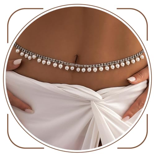 Flovel Strass Bauchkette Silber Perle Anhänger Taillenketten Rave Nachtclub Körperkette Schmuck für Frauen und Mädchen von Flovel