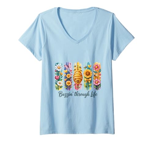 Damen Buzzin Through Life Bienen Blumen Floral Cute Honeycomb T-Shirt mit V-Ausschnitt von Flower Bees Design