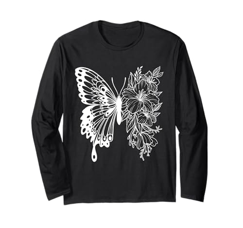 T-Shirt mit Blumen- und Schmetterlings-Motiv, Unisex, für Damen und Herren Langarmshirt von Flower Butterfly With Funny Unisex Design Tee