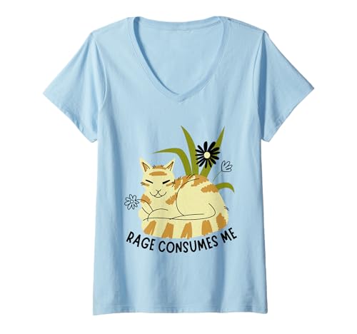 Damen Boho Rage Consumes Me Funny Floral Cat Sarcastic Kitten T-Shirt mit V-Ausschnitt Damen Boho Rage Consumes Me Funny Floral Cat Sarcastic Kitten T-Shirt mit V-Ausschnitt von Flower Cat Art Rage Consumes Me Humor Quote