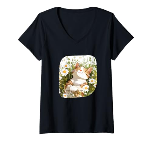 Damen Blumige Katze in Gänseblümchenwiese für einen schönen Sommer-Look T-Shirt mit V-Ausschnitt Damen Blumige Katze in Gänseblümchenwiese für einen schönen Sommer-Look T-Shirt mit V-Ausschnitt von Flower Cat