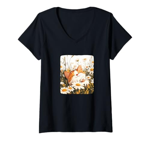Damen Fröhliches Katzengesicht auf Gänseblümchenwiese für Sommerblumen T-Shirt mit V-Ausschnitt Damen Fröhliches Katzengesicht auf Gänseblümchenwiese für Sommerblumen T-Shirt mit V-Ausschnitt von Flower Cat
