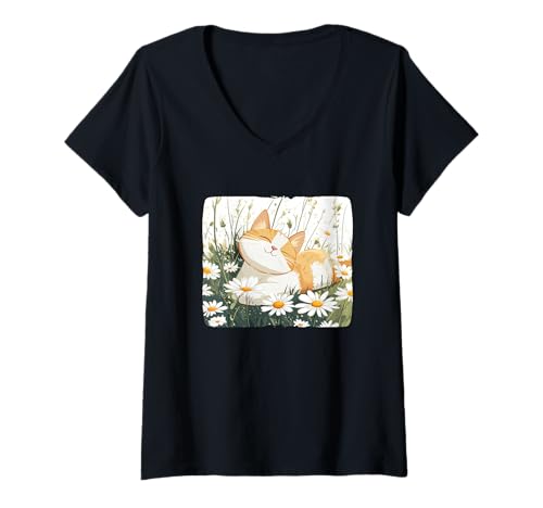 Damen Gänseblümchenwiese mit Katze im Sommer für Jungen und Mädchen T-Shirt mit V-Ausschnitt Damen Gänseblümchenwiese mit Katze im Sommer für Jungen und Mädchen T-Shirt mit V-Ausschnitt von Flower Cat