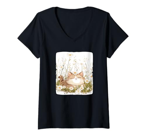 Damen Gemütliche Katze mit Gänseblümchen auf Wiese für einen lässigen Sommer-Look T-Shirt mit V-Ausschnitt Damen Gemütliche Katze mit Gänseblümchen auf Wiese für einen lässigen Sommer-Look T-Shirt mit V-Ausschnitt von Flower Cat
