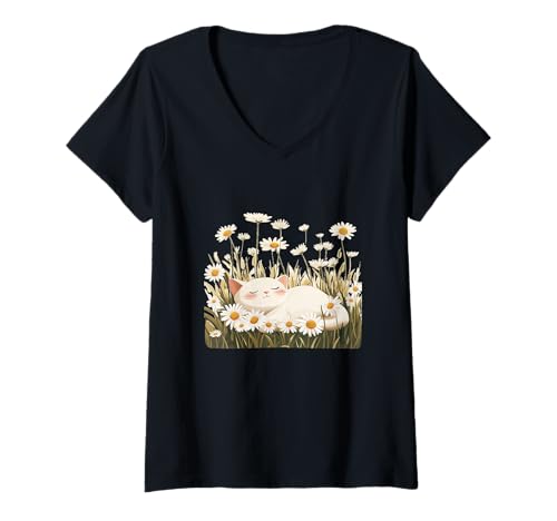 Damen Hübsche Gänseblümchenwiese mit lustiger schläfriger Katze T-Shirt mit V-Ausschnitt Damen Hübsche Gänseblümchenwiese mit lustiger schläfriger Katze T-Shirt mit V-Ausschnitt von Flower Cat