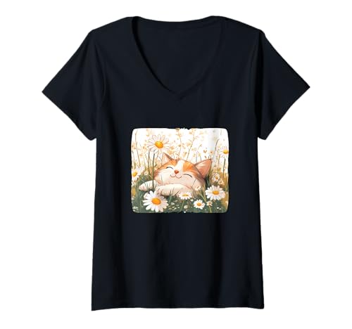 Damen Lächelnde Katze auf Gänseblümchenwiese für Sommer- und Katzenliebhaber T-Shirt mit V-Ausschnitt Damen Lächelnde Katze auf Gänseblümchenwiese für Sommer- und Katzenliebhaber T-Shirt mit V-Ausschnitt von Flower Cat