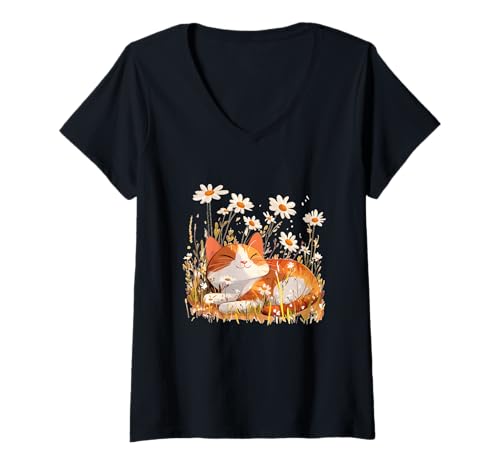 Damen Lustige Katze auf Blumenwiese für Gänseblümchen und Blumenliebhaber T-Shirt mit V-Ausschnitt Damen Lustige Katze auf Blumenwiese für Gänseblümchen und Blumenliebhaber T-Shirt mit V-Ausschnitt von Flower Cat
