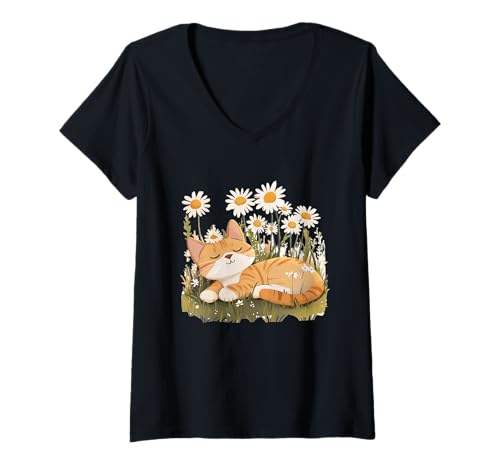 Damen Lustige Katze auf Wiese für Gänseblümchen und Sommerblumen T-Shirt mit V-Ausschnitt Damen Lustige Katze auf Wiese für Gänseblümchen und Sommerblumen T-Shirt mit V-Ausschnitt von Flower Cat
