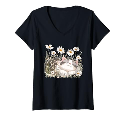 Damen Lustige schlafende Katze mit Gänseblümchen für die Blütezeit T-Shirt mit V-Ausschnitt Damen Lustige schlafende Katze mit Gänseblümchen für die Blütezeit T-Shirt mit V-Ausschnitt von Flower Cat