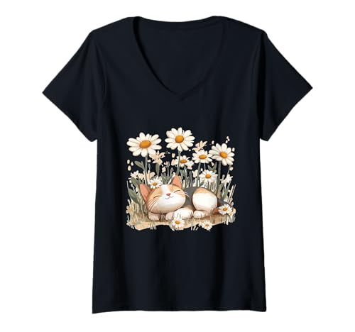 Damen Schlafende Katze auf Gänseblümchenwiese Kostüm für Mann und Frau T-Shirt mit V-Ausschnitt Damen Schlafende Katze auf Gänseblümchenwiese Kostüm für Mann und Frau T-Shirt mit V-Ausschnitt von Flower Cat