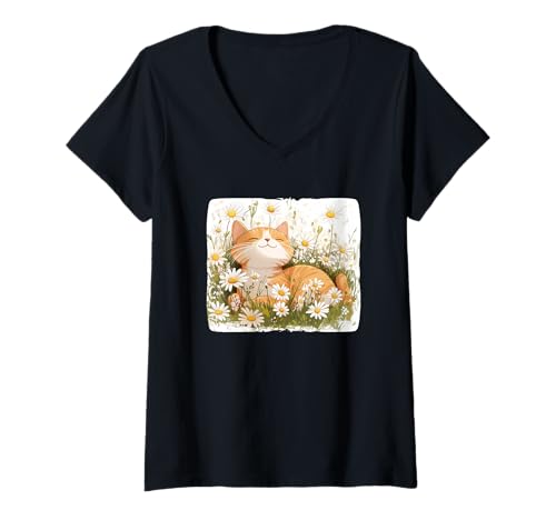 Damen Schöne Gänseblümchen-Katze auf Wiese für einen gemütlichen Sommer T-Shirt mit V-Ausschnitt Damen Schöne Gänseblümchen-Katze auf Wiese für einen gemütlichen Sommer T-Shirt mit V-Ausschnitt von Flower Cat