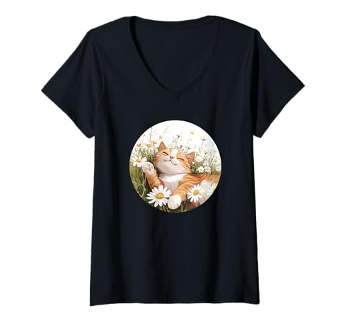 Damen Sommer-Gänseblümchen mit Wiese und Katze Kostüm T-Shirt mit V-Ausschnitt Damen Sommer-Gänseblümchen mit Wiese und Katze Kostüm T-Shirt mit V-Ausschnitt von Flower Cat