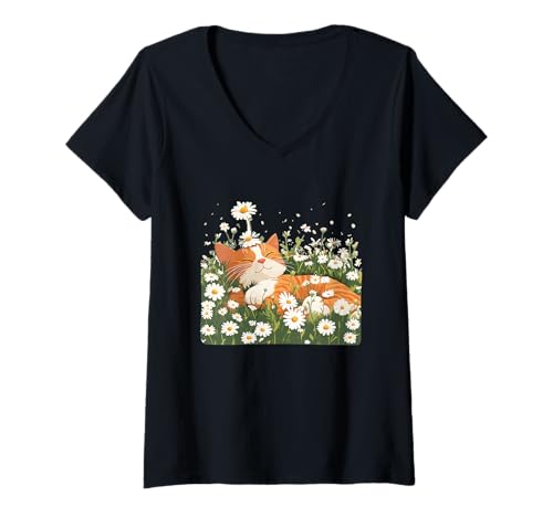 Damen Süße Gänseblümchen auf Wiese mit lustigem Katzenkostüm T-Shirt mit V-Ausschnitt Damen Süße Gänseblümchen auf Wiese mit lustigem Katzenkostüm T-Shirt mit V-Ausschnitt von Flower Cat