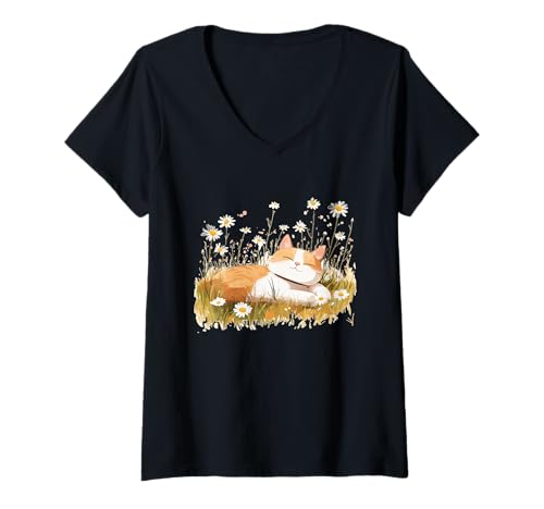 Damen Tolle Katze auf der Sommerwiese für Gänseblümchen und Blumenliebhaber T-Shirt mit V-Ausschnitt Damen Tolle Katze auf der Sommerwiese für Gänseblümchen und Blumenliebhaber T-Shirt mit V-Ausschnitt von Flower Cat