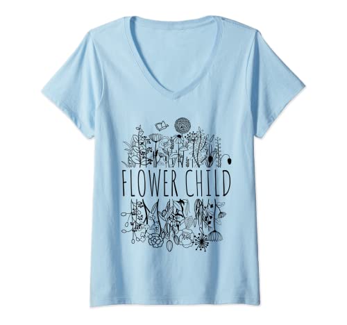 Damen Minimalistisches Blumen Line Art Flower Child T-Shirt mit V-Ausschnitt Damen Minimalistisches Blumen Line Art Flower Child T-Shirt mit V-Ausschnitt von Flower Child