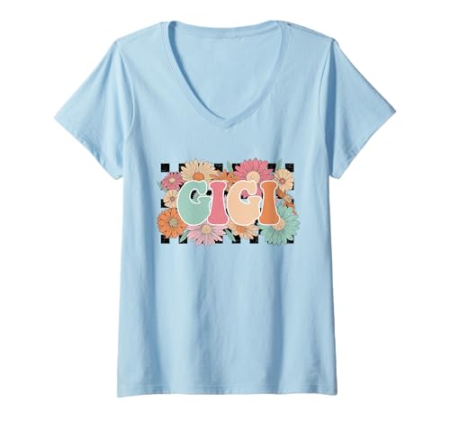 Damen Niedliches Blumen-GIGI-Hemd, pastellfarben, Retro-Blumen-Buchstaben, Grafik T-Shirt mit V-Ausschnitt von Flower GIGI Tee Shirts for Loving Grandmas