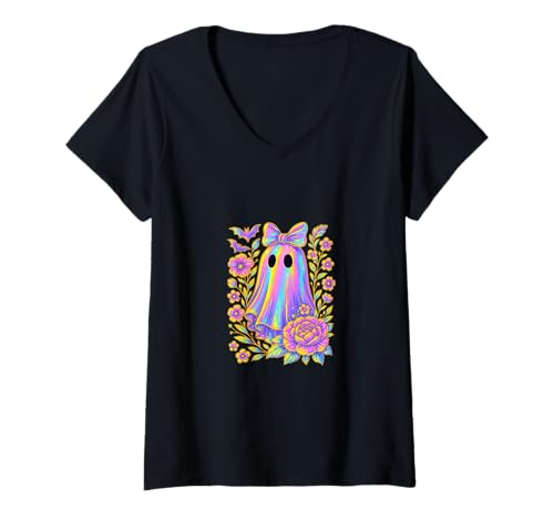 Damen Blumengeist Shirt Niedlich Floral Pastell Halloween Ästhetik T-Shirt mit V-Ausschnitt Damen Blumengeist Shirt Niedlich Floral Pastell Halloween Ästhetik T-Shirt mit V-Ausschnitt von Flower Ghost Tee Shirts for Pastel Halloween Fans