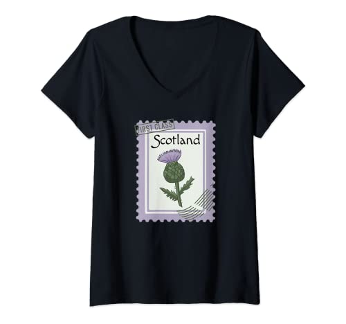Damen Versandstempel mit schottischer Distelblume, Schottland-Motiv T-Shirt mit V-Ausschnitt Damen Versandstempel mit schottischer Distelblume, Schottland-Motiv T-Shirt mit V-Ausschnitt von Flower Heritage Society