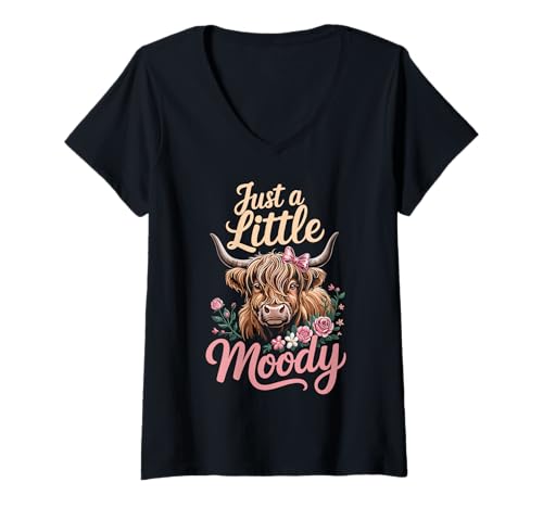 Damen Just A Little Moody Highland Cow Floral Funny Quote T-Shirt mit V-Ausschnitt Damen Just A Little Moody Highland Cow Floral Funny Quote T-Shirt mit V-Ausschnitt von Flower Highland Cow Farmer Farm Pastel Vibes