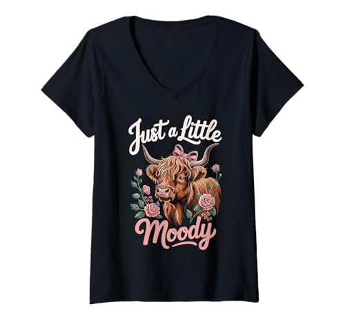 Damen Just A Little Moody Highland Cow Floral Funny Quote T-Shirt mit V-Ausschnitt Damen Just A Little Moody Highland Cow Floral Funny Quote T-Shirt mit V-Ausschnitt von Flower Highland Cow Farmer Farm Pastel Vibes