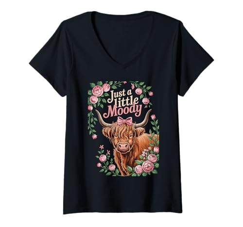 Damen Just A Little Moody Highland Cow Floral Funny Quote T-Shirt mit V-Ausschnitt Damen Just A Little Moody Highland Cow Floral Funny Quote T-Shirt mit V-Ausschnitt von Flower Highland Cow Farmer Farm Pastel Vibes