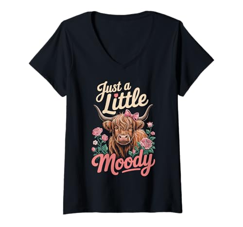 Damen Just A Little Moody Highland Cow Floral Funny Quote T-Shirt mit V-Ausschnitt Damen Just A Little Moody Highland Cow Floral Funny Quote T-Shirt mit V-Ausschnitt von Flower Highland Cow Farmer Farm Pastel Vibes