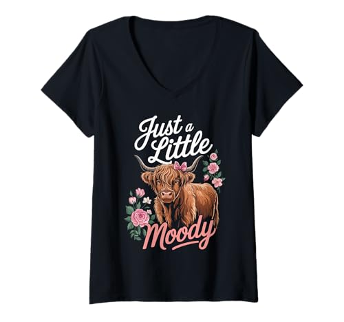 Damen Just A Little Moody Highland Cow Floral Funny Quote T-Shirt mit V-Ausschnitt Damen Just A Little Moody Highland Cow Floral Funny Quote T-Shirt mit V-Ausschnitt von Flower Highland Cow Farmer Farm Pastel Vibes