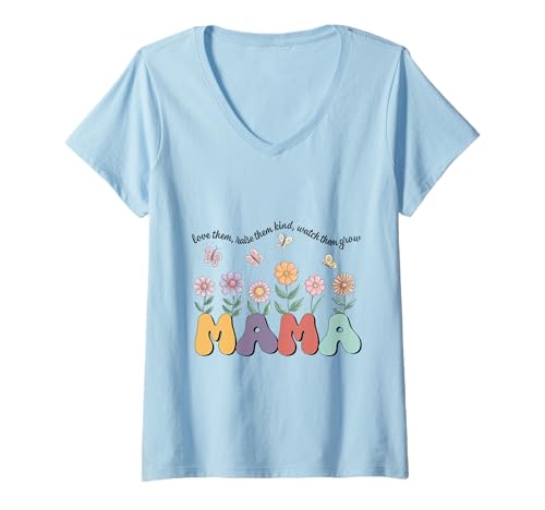 Damen Flower Mama Shirt Bunte Blüten Schmetterlinge Mama Sweet T-Shirt mit V-Ausschnitt von Flower Mama Tee Shirts for Nature Loving Moms