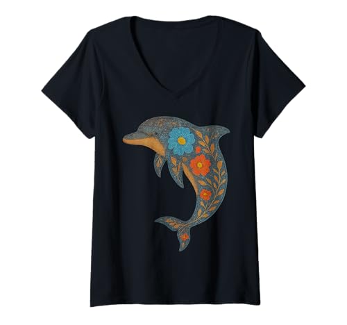 Damen Blumen -Delphin -Kunstdekor Blue Orange Blumen T-Shirt mit V-Ausschnitt Damen Blumen -Delphin -Kunstdekor Blue Orange Blumen T-Shirt mit V-Ausschnitt von Flower Peace Mindful Animals