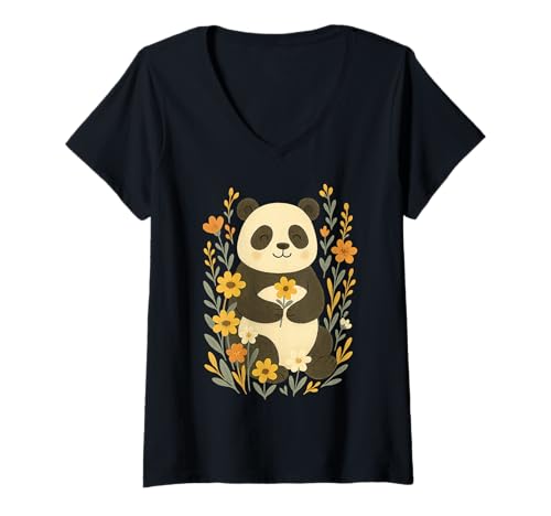 Damen Netter Panda Hält Blumen Mit T-Shirt mit V-Ausschnitt Damen Netter Panda Hält Blumen Mit T-Shirt mit V-Ausschnitt von Flower Peace Mindful Animals