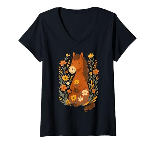 Damen Nettes Pferd Im Blumengarten Sitzt T-Shirt mit V-Ausschnitt Damen Nettes Pferd Im Blumengarten Sitzt T-Shirt mit V-Ausschnitt von Flower Peace Mindful Animals
