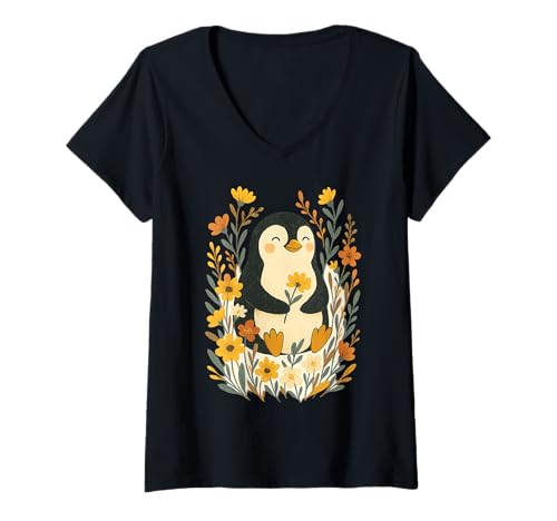 Damen Süße Penguinblumen -Kunstwerke T-Shirt mit V-Ausschnitt Damen Süße Penguinblumen -Kunstwerke T-Shirt mit V-Ausschnitt von Flower Peace Mindful Animals