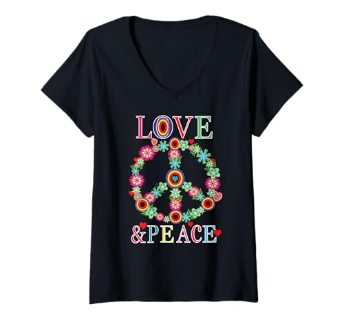Damen Peace Love 60er 70er Jahre Flower Power Hippie Outfit T-Shirt mit V-Ausschnitt von Flower Power Hippie 60s 70s 80er 90er Jahre Retro