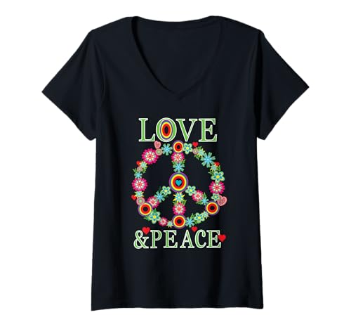 Damen Peace Love 60er 70er Jahre Flower Power Hippie Outfit T-Shirt mit V-Ausschnitt Damen Peace Love 60er 70er Jahre Flower Power Hippie Outfit T-Shirt mit V-Ausschnitt von Flower Power Hippie 60s 70s 80er 90er Jahre Retro