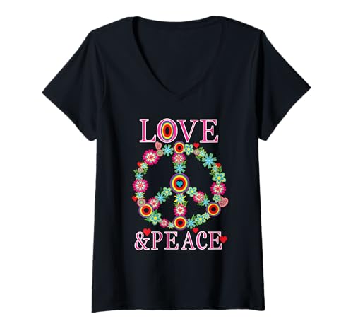 Damen Peace Love 60er 70er Jahre Flower Power Hippie Outfit T-Shirt mit V-Ausschnitt Damen Peace Love 60er 70er Jahre Flower Power Hippie Outfit T-Shirt mit V-Ausschnitt von Flower Power Hippie 60s 70s 80er 90er Jahre Retro