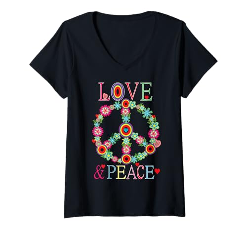 Damen Peace Love 60er 70er Jahre Flower Power Hippie Outfit T-Shirt mit V-Ausschnitt von Flower Power Hippie 60s 70s