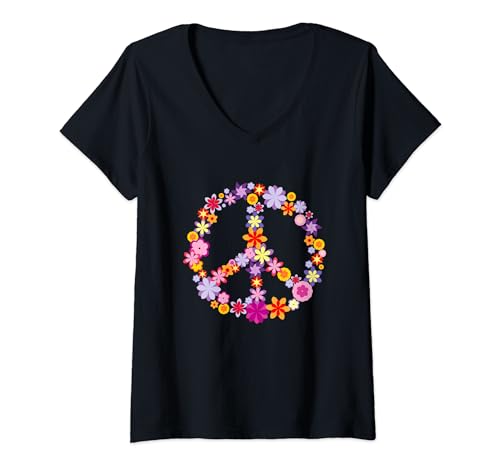 Damen 60er 70er Jahre Bekleidung Flower Power Hippie Peace Kostüm T-Shirt mit V-Ausschnitt Damen 60er 70er Jahre Bekleidung Flower Power Hippie Peace Kostüm T-Shirt mit V-Ausschnitt von Flower Power Hippie Kostüm Bekleidung